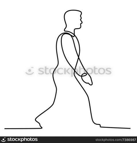 Continuous line illustration of male businessman man walking viewed from side done in black and white monoline style.. Businessman Walking Continuous Line