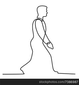 Continuous line illustration of male businessman man walking viewed from side done in black and white monoline style.. Businessman Walking Continuous Line