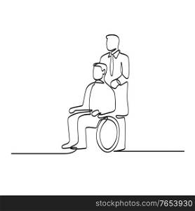 Continuous line illustration of patient sitting on wheelchair with doctor or nurse caregiver done in black and white monoline style.. Patient Sitting on Wheelchair with Doctor or Nurse Caregiver Continuous Line Drawing