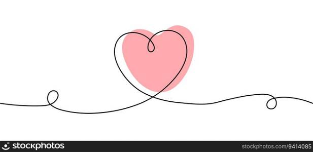 Continuous line in shape of heart. Pink heart. St Valentine's day sign. Doodle abstract love symbol. Minimalism. One line art. Thin line sketch. Flat design. Vector illustration.