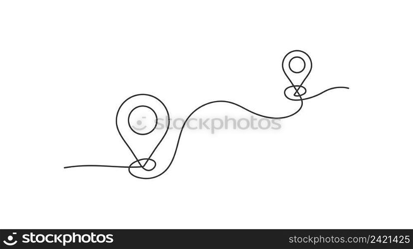 Continuous line location markers icon. Pin between two points in one line style vector desing.