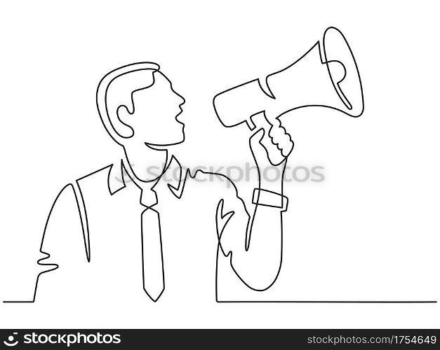 Continuous line man with megaphone. Male silhouette screams in loudspeaker. Businessman hires employee, protests or announces vector concept. Illustration megaphone announcement and speaker. Continuous line man with megaphone. Male silhouette screams in loudspeaker. Businessman hires employee, protests or announces vector concept