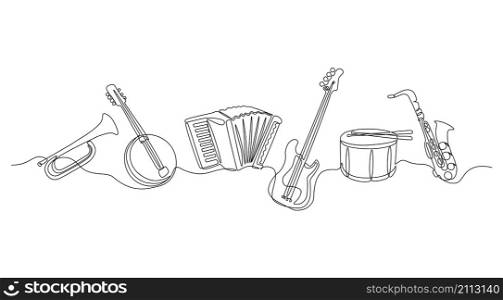 Continuous line musical instruments. Outline jazz and orchestral minimalist instruments, drums guitar violin saxophone trumpet horn. Vector one line illustration musical instrumental orchestra. Continuous line musical instruments. Outline jazz and orchestral minimalist instruments, drums guitar violin saxophone trumpet horn. Vector one line