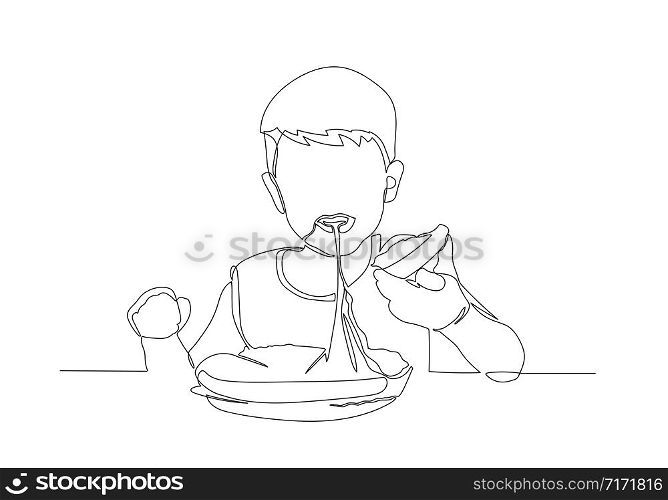 Continuous line of Asian boy is happy to eat pizza with a hot cheese melt stretched.
