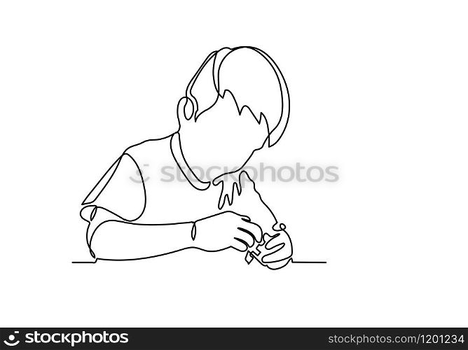 Continuous line of boy sitting and playing happily to plastic construction toy blocks.