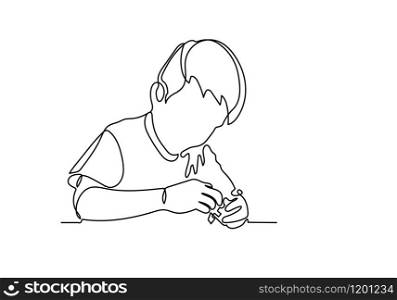 Continuous line of boy sitting and playing happily to plastic construction toy blocks.