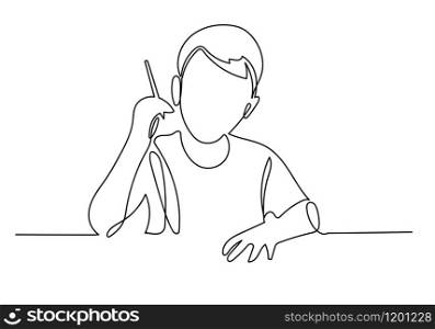 Continuous line of schoolboy raising his hand and pencil, idea and school concept for school.