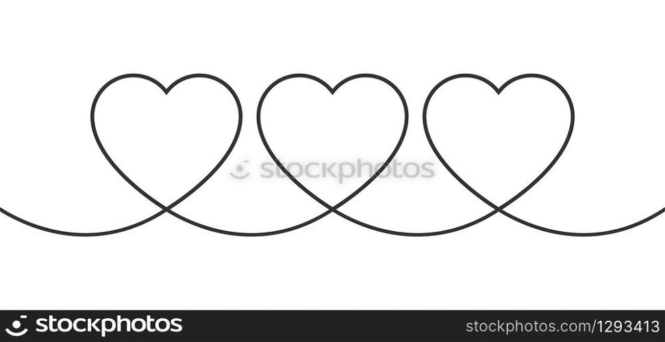 Continuous line of three Hearts. Hearts in minimalist style. Love concept. Line design. Nubes. Linear black heart, isolated on white background. Vector illustration