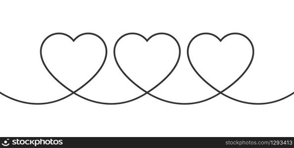 Continuous line of three Hearts. Hearts in minimalist style. Love concept. Line design. Nubes. Linear black heart, isolated on white background. Vector illustration