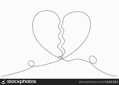 Continuous line or one line art of Broken heart. Sadness. Feeling sorry for broken love. Vector illustration.