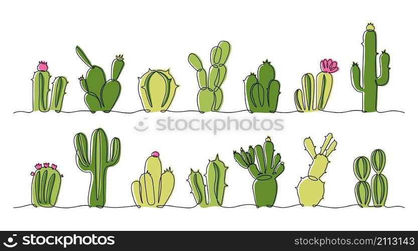 Continuous line succulent. One line collection of doodle interior decoration exotic plants in pots, exotic Mexican wester desert botanical collection. Vector set illustration design sketch cactus on white background. Continuous line succulent. One line collection of doodle interior decoration exotic plants in pots, exotic Mexican wester desert botanical collection. Vector set