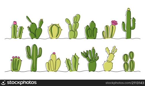 Continuous line succulent. One line collection of doodle interior decoration exotic plants in pots, exotic Mexican wester desert botanical collection. Vector set illustration design sketch cactus on white background. Continuous line succulent. One line collection of doodle interior decoration exotic plants in pots, exotic Mexican wester desert botanical collection. Vector set