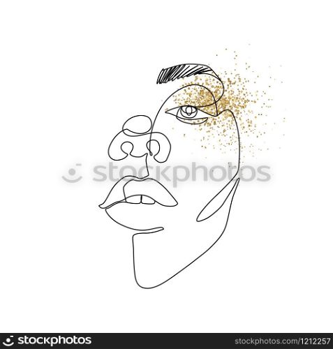Continuous line vector drawing. Face silhouette with golden glitter. Abstract portrait. One line illustration. Fashion girl concept isolated on white. Woman beauty minimalist.. Continuous line vector drawing. Face silhouette. Abstract portrait.