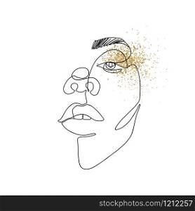 Continuous line vector drawing. Face silhouette with golden glitter. Abstract portrait. One line illustration. Fashion girl concept isolated on white. Woman beauty minimalist.. Continuous line vector drawing. Face silhouette. Abstract portrait.