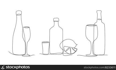 Continuous lines glass and bottles. One line ch&agne, wine and tequila with lemon slice. Vector isolated alcoholic drinks decorative elements of bottle glass continuous line illustration. Continuous lines glass and bottles. One line ch&agne, wine and tequila with lemon slice. Vector isolated alcoholic drinks decorative elements