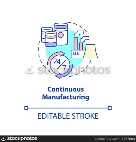 Continuous manufacturing concept icon. Type of manufacturing processes abstract idea thin line illustration. Isolated outline drawing. Editable stroke. Arial, Myriad Pro-Bold fonts used. Continuous manufacturing concept icon