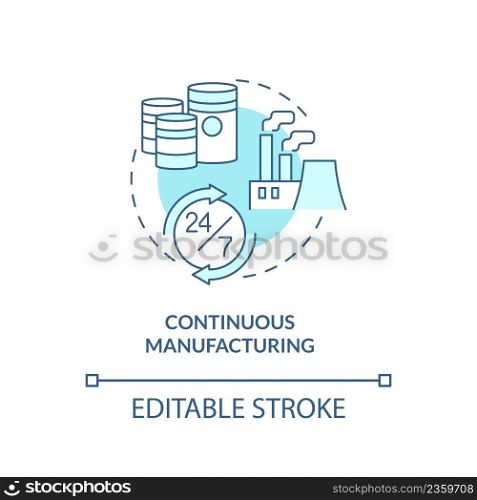 Continuous manufacturing turquoise concept icon. Type of manufacturing processes abstract idea thin line illustration. Isolated outline drawing. Editable stroke. Arial, Myriad Pro-Bold fonts used. Continuous manufacturing turquoise concept icon