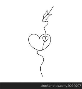 Continuous One Line abstract love symbol heart with arrow. Vector illustration for poster, card, banner valentine day, wedding, print on shirt.