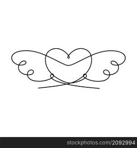 Continuous One Line abstract love symbol heart with wings. Vector illustration for poster, card, banner valentine day, wedding, print on shirt.