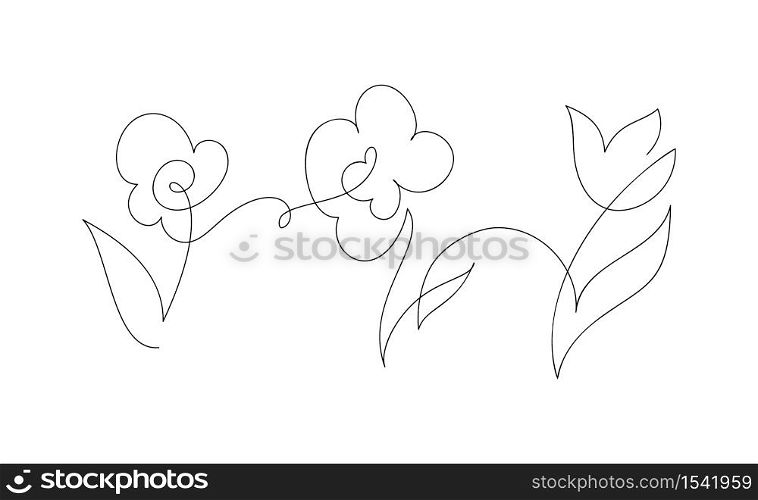 Continuous one line drawing flowers. Black and white vector illustration. Concept for logo card, banner, poster, flyer.. Continuous one line drawing flowers. Black and white vector illustration. Concept for logo card, banner, poster, flyer