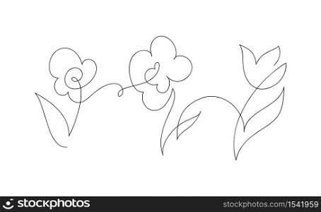 Continuous one line drawing flowers. Black and white vector illustration. Concept for logo card, banner, poster, flyer.. Continuous one line drawing flowers. Black and white vector illustration. Concept for logo card, banner, poster, flyer