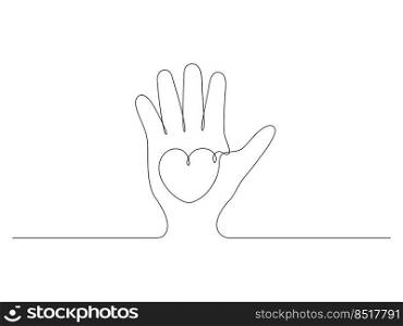 Continuous one line drawing hand holding heart. Charity donation linear concept. Vector isolated on white. 