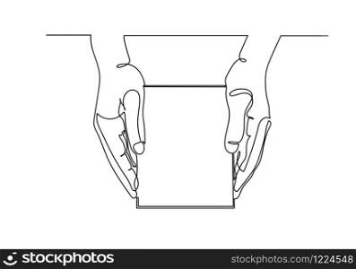 Continuous one line drawing of hand holding box package or gift box, vector illustration.