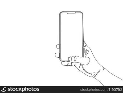 Continuous one line drawing of of hand holding smartphone.