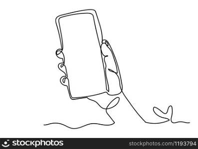 Continuous one line drawing of of hand holding smartphone.