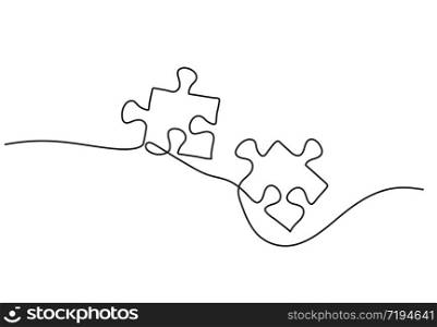 Continuous one line drawing of two pieces of jigsaw on white background.