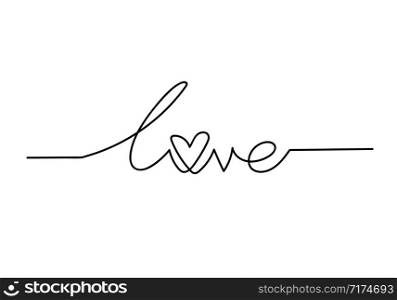 Continuous one line drawing of word LOVE, vector minimalist black and white illustration of love valentine concept