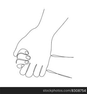 Continuous one line drawing parent holds hand of small child. The concept of tender relationships, mutual assistance. Vector illustration