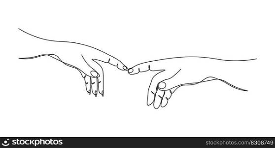 Continuous one line drawing two hands touch each other. Reconciliation concept.  The concept of tender relationships, mutual assistance. Vector illustration