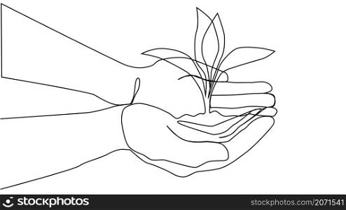 Continuous one line growing sprout in the hands of woman, Eco concept. Continuous one line growing sprout in the hands of man, Eco concept