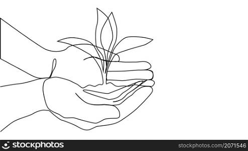 Continuous one line growing sprout in the hands of woman, Eco concept. Continuous one line growing sprout in the hands of man, Eco concept