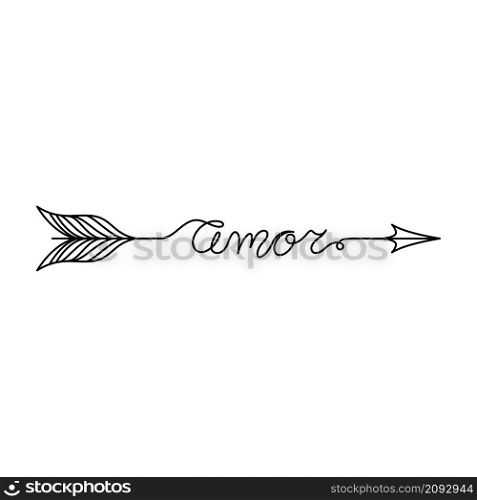 Continuous One Line lettering amor (love in Spanish) in the form of an arrow. Vector illustration for poster, card, banner valentine day, wedding, print on shirt.