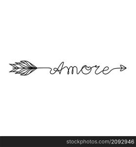 Continuous One Line lettering amore (love in Italian) in the form of an arrow. Vector illustration for poster, card, banner valentine day, wedding, print on shirt.