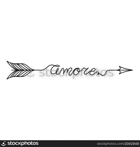 Continuous One Line lettering amore (love in Italian) in the form of an arrow. Vector illustration for poster, card, banner valentine day, wedding, print on shirt.