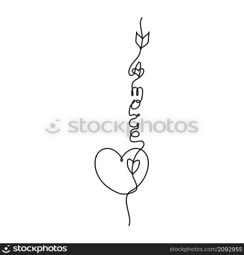 Continuous One Line lettering heart and amore (love in Italian) in the form of an arrow. Vector illustration for poster, card, banner valentine day, wedding, print on shirt.