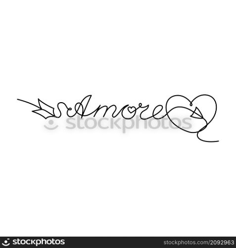 Continuous One Line lettering heart and amore (love in Italian) in the form of an arrow. Vector illustration for poster, card, banner valentine day, wedding, print on shirt.