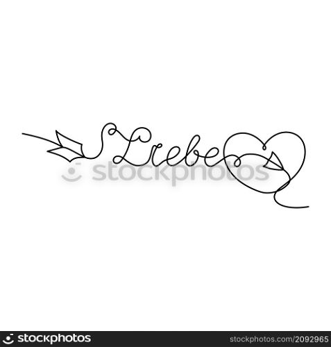 Continuous One Line lettering heart and liebe (love in Deutsch) in the form of an arrow. Vector illustration for poster, card, banner valentine day, wedding, print on shirt.
