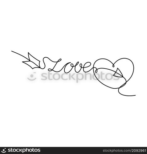 Continuous One Line lettering heart and love in the form of an arrow. Vector illustration for poster, card, banner valentine day, wedding, print on shirt.