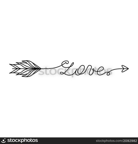 Continuous One Line lettering love in the form of an arrow. Vector illustration for poster, card, banner valentine day, wedding, print on shirt.