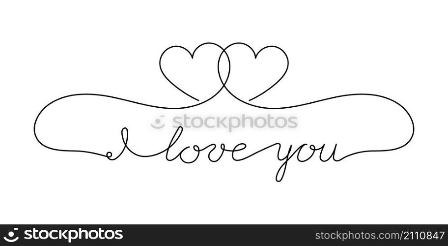 Continuous One Line script cursive text I love you. Vector illustration for poster, card, banner valentine day, wedding, print on shirt.
