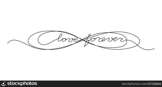 Continuous One Line script cursive text love forever. Vector illustration for poster, card, banner valentine day, wedding, print on shirt.
