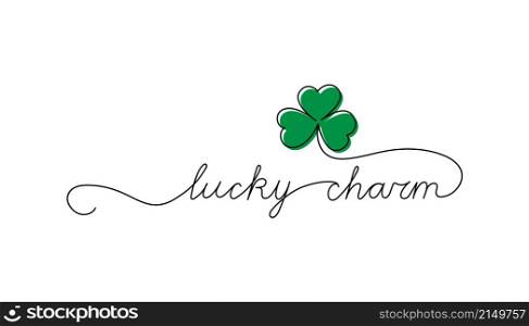 Continuous One Line script cursive text lucky charm. Vector illustration for Patrick&rsquo;s day, design for poster, card, banner, print on shirt.