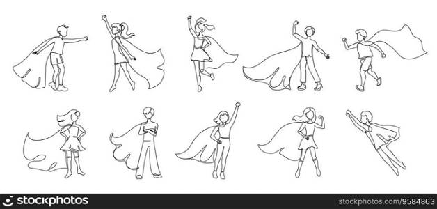 Continuous one line superhero kids. Children fly with hero cape, super boy and heroic girl vector illustration set of child and kid superhero, childhood hero. Continuous one line superhero kids. Children fly with hero cape, super boy and heroic girl vector illustration set