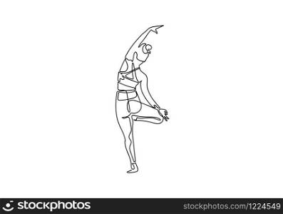 Continuous one or single line drawing. Woman doing exercise in yoga isolated on white background., Vector Illustration
