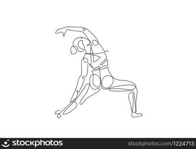 Continuous one or single line drawing. Woman doing exercise in yoga isolated on white background., Illustration