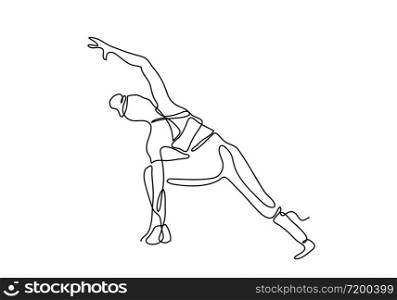 Continuous one or single line drawing. Woman doing exercise in yoga isolated on white background.,